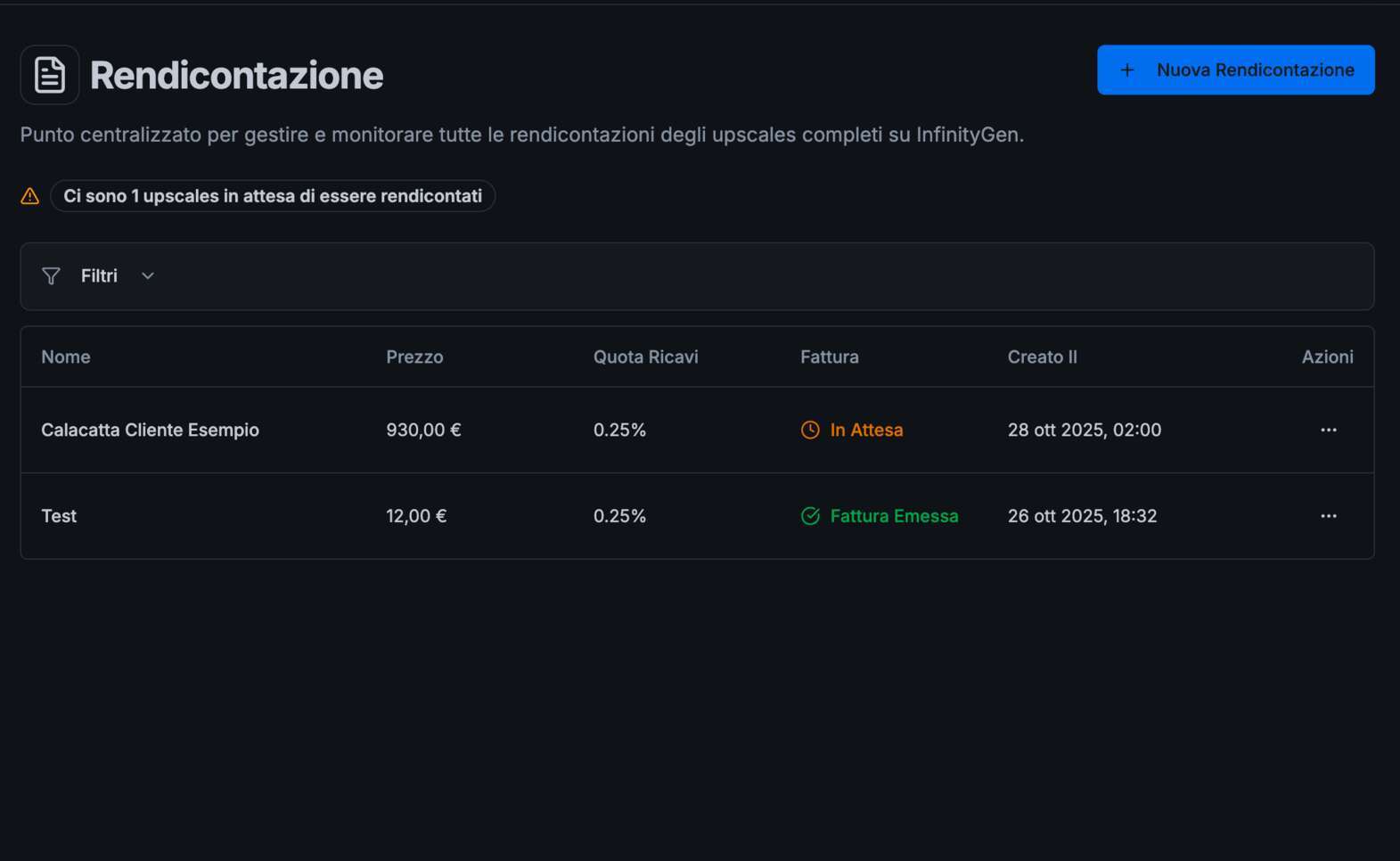 Pagina rendicontazione